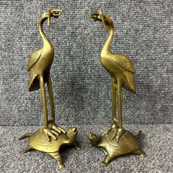 Antique 1800s brass crane and turtle pair figurines Chinese incense holders 8”
